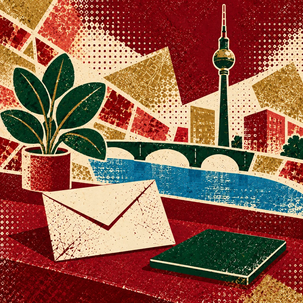 Houseplant, letter and tablet with a Berlin cityscape in a lino print style