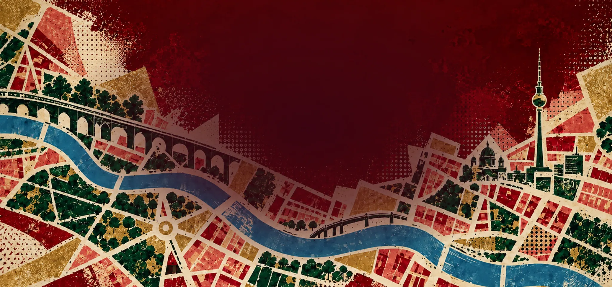 Illustrated Berlin cityscape with the Spree, the Fernsehturm and the Berliner Dom